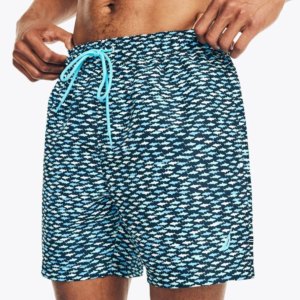 Nautica Swim Trunks Shorts Mens Navy Blue Fish Print Drawstring Waist FTS1026